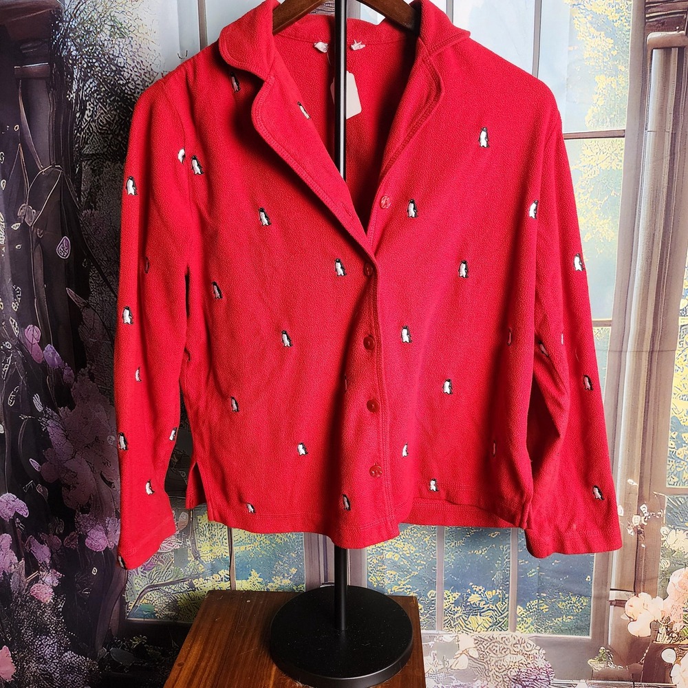 Red Fleece Penguin‎ Embroidered Button Down Jacket Collared Soft Large